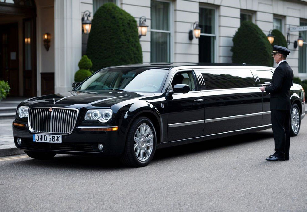 A sleek black limousine parked in front of a grand hotel with a driver standing by, waiting to open the door