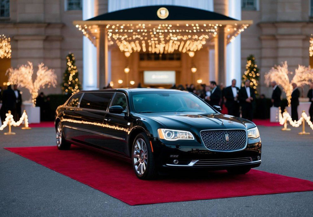 A sleek, black limousine parked in front of a grand event venue, surrounded by twinkling lights and a red carpet