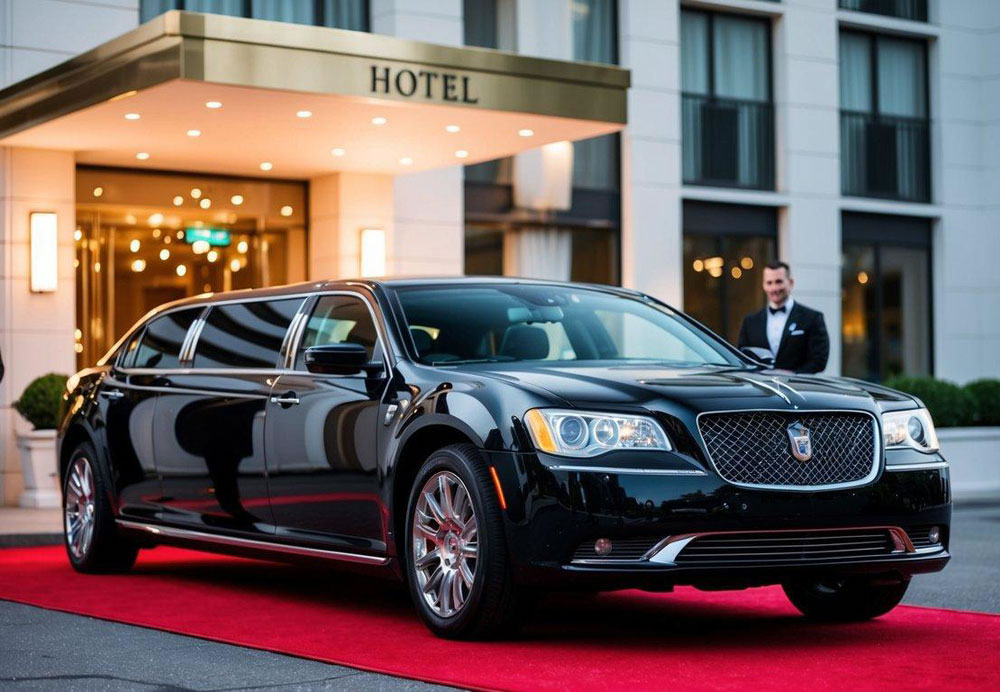 A sleek black limousine parked in front of a luxury hotel, surrounded by a red carpet and a valet attendant. Bright lights illuminate the scene