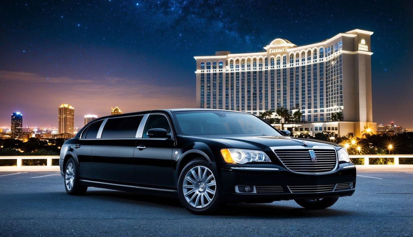 A sleek, black limousine parked in front of a luxurious hotel, surrounded by a backdrop of city lights and a starry night sky