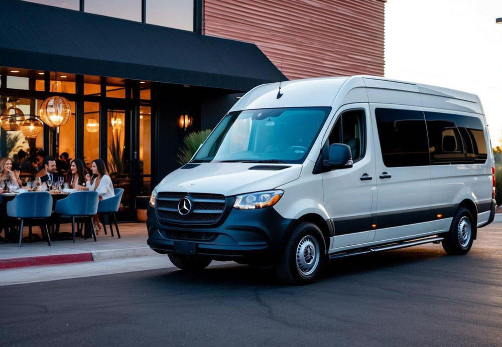 A Mercedes Sprinter van parked outside a stylish restaurant in Phoenix, Arizona, with a group of people enjoying a luxurious dining experience inside