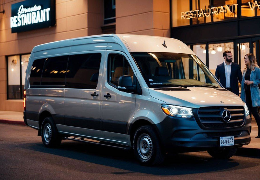 A Mercedes Sprinter van parked outside a restaurant in downtown Phoenix, with a couple stepping out for a night out