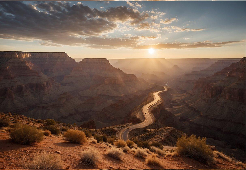 A winding road cuts through the desert, leading to the towering cliffs of the Grand Canyon. The sun sets in the distance, casting a warm glow over the rugged landscape