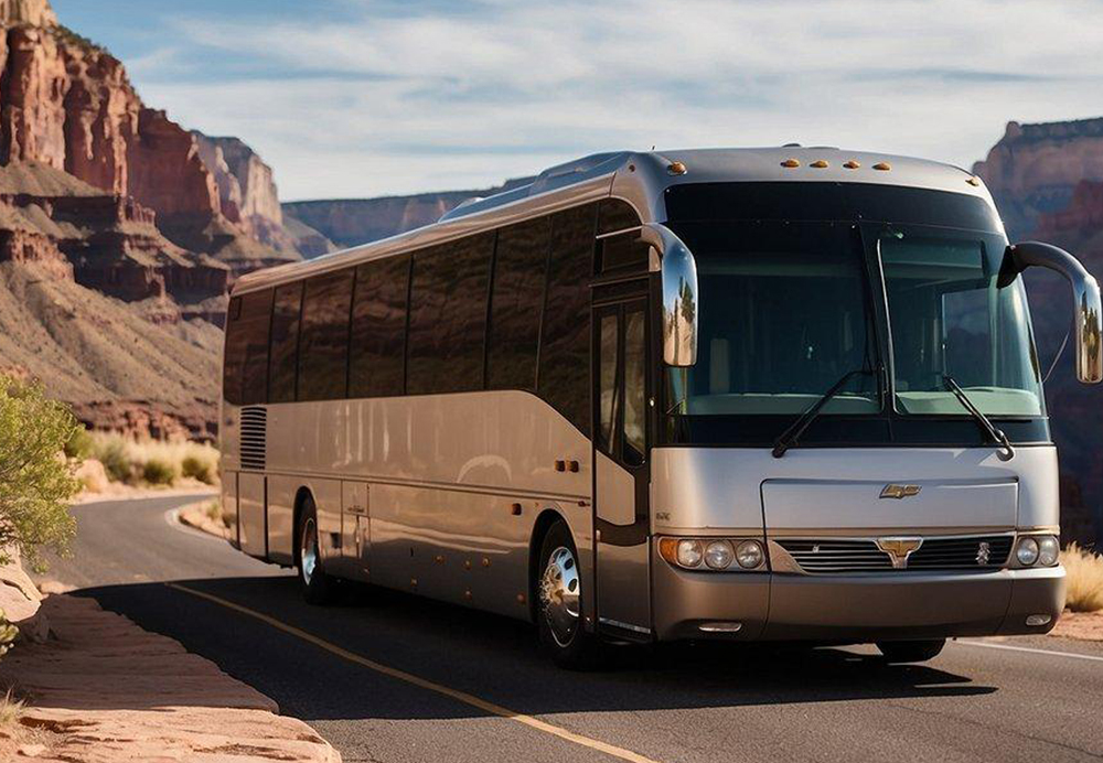 A sleek, modern luxury tour bus parked at the edge of the Grand Canyon, with a stunning view of the South Rim in the background