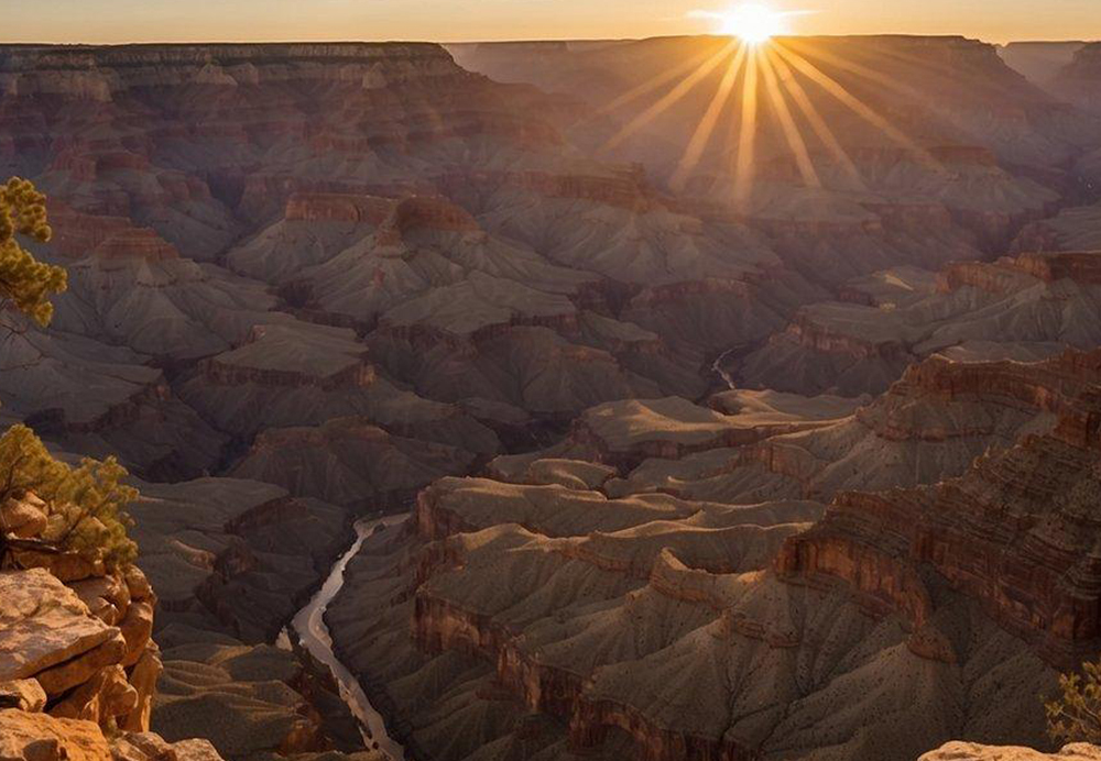 The sun sets over the vast expanse of the Grand Canyon, casting a warm glow on the rugged cliffs and deep gorges. The colors of the rock formations change as the light fades, creating a stunning and dramatic landscape