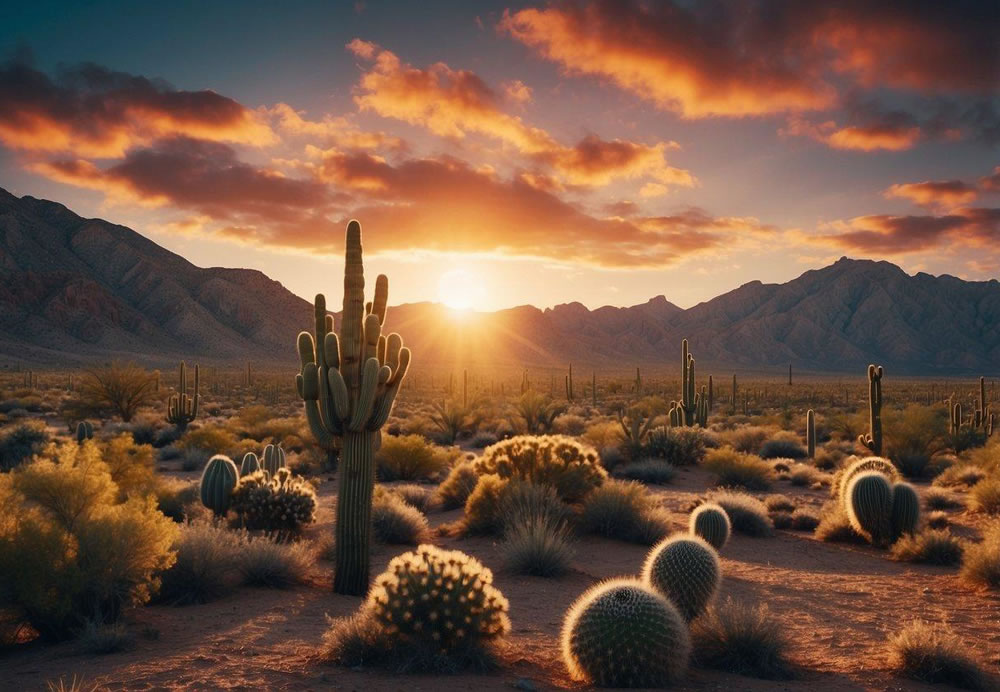 Vast desert stretches with towering cacti, rocky formations, and a blazing sun. A colorful sunset paints the sky over the rugged landscape 