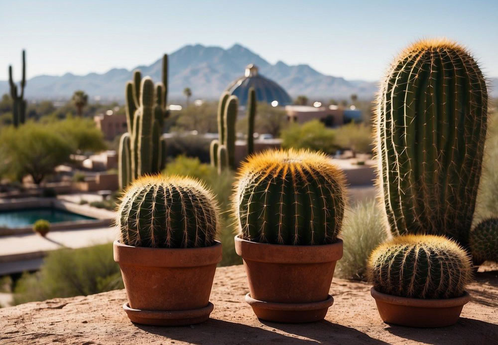 The Phoenix skyline, with its iconic desert landscape and towering cacti, is set against a backdrop of historical landmarks like the Heard Museum and the Arizona Capitol building. The scene is bustling with vibrant cultural events and festivals 