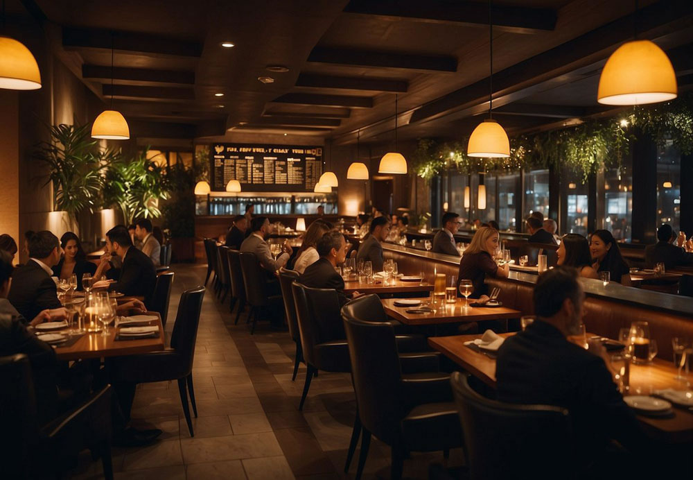 A bustling restaurant with elegant decor, dim lighting, and a diverse menu. Patrons enjoy their meals while attentive servers cater to their needs