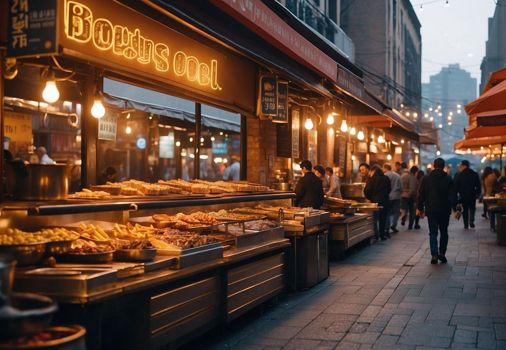 A bustling street lined with diverse restaurants, each boasting vibrant signage and outdoor seating. The aroma of sizzling meats and spices fills the air, drawing in hungry patrons