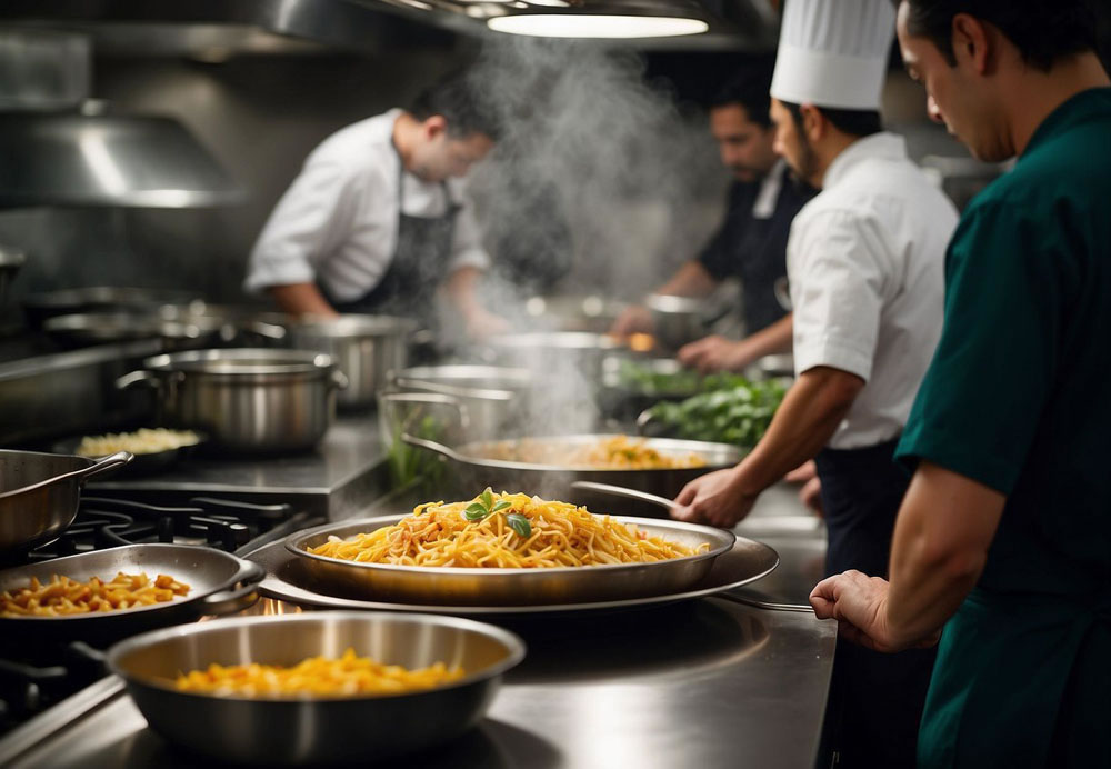 A bustling kitchen with chefs creating innovative dishes at top Phoenix restaurants. Ingredients scattered, stovetops sizzling, and aromas filling the air