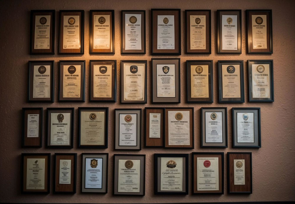 A wall covered in framed awards and accolades for Phoenix Restaurant, showcasing its status as one of the best restaurants in Phoenix, Arizona