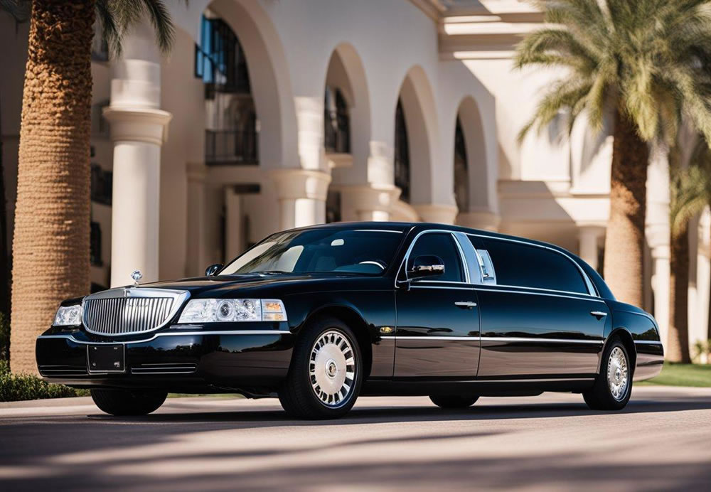 A sleek, modern limousine pulls up to a grand hotel entrance in Arizona. The chauffeur opens the door with a professional smile, exuding safety and reliability