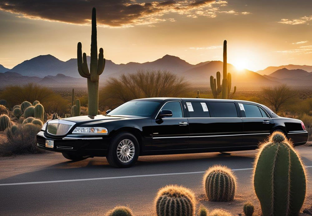 A sleek black limousine cruises through the Arizona desert, with cacti and mountains in the background. The sun sets behind the horizon, casting a warm glow over the landscape