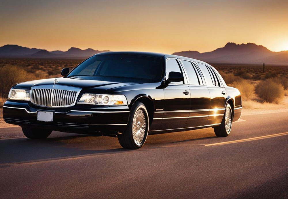 A sleek limousine cruises through the desert landscape of Arizona, with the sun setting in the background. The vehicle exudes luxury and comfort, showcasing the benefits of hiring professional limo services