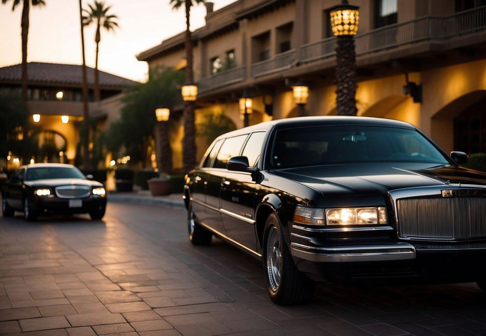 two limos are standing in front of a building in the evening