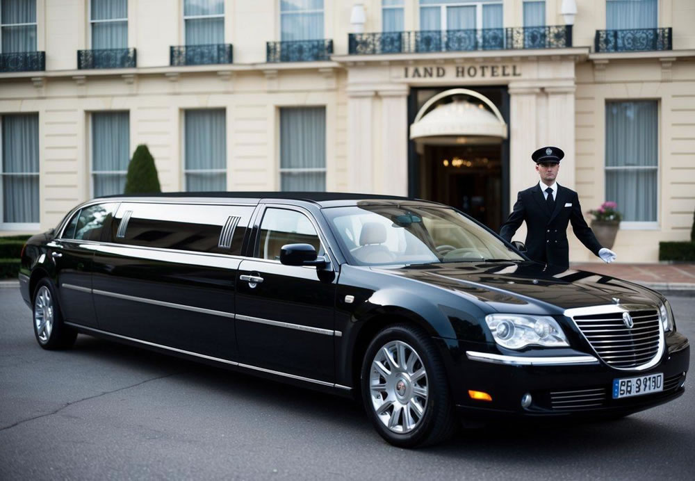 A sleek, black limousine parked in front of a grand hotel, with a uniformed chauffeur standing by the open door, ready to assist passengers