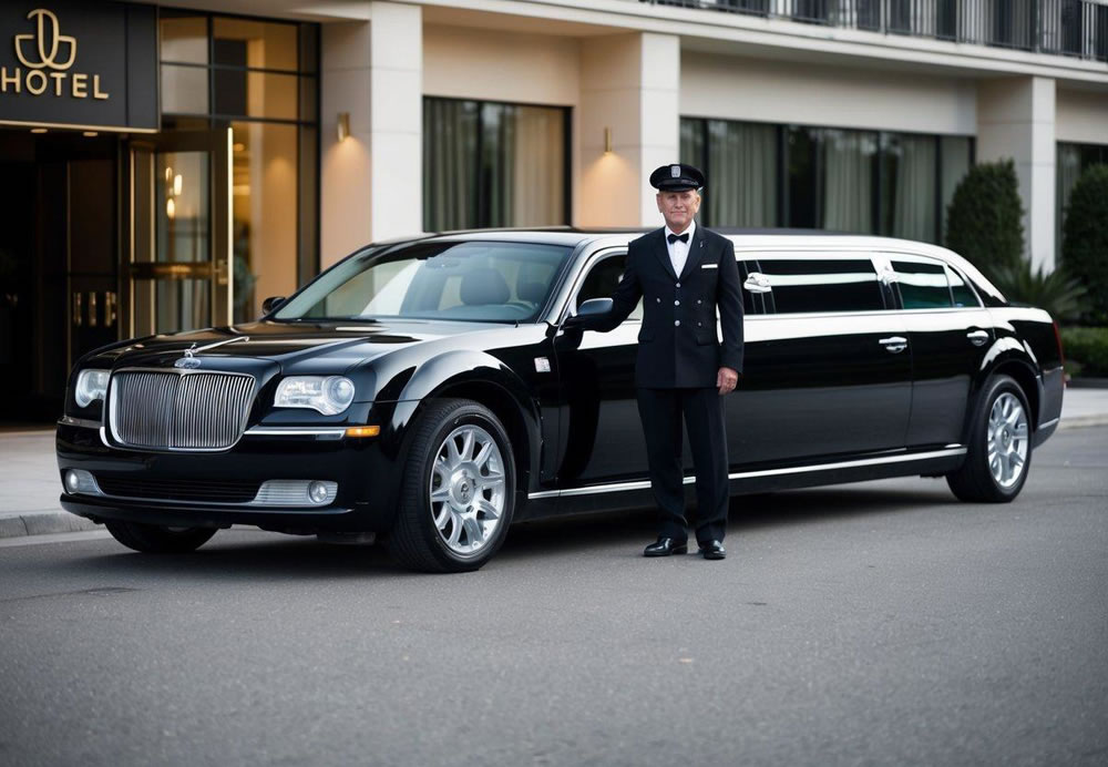 A sleek, black limousine parked in front of a luxury hotel, with a uniformed chauffeur standing by the open door, ready to assist