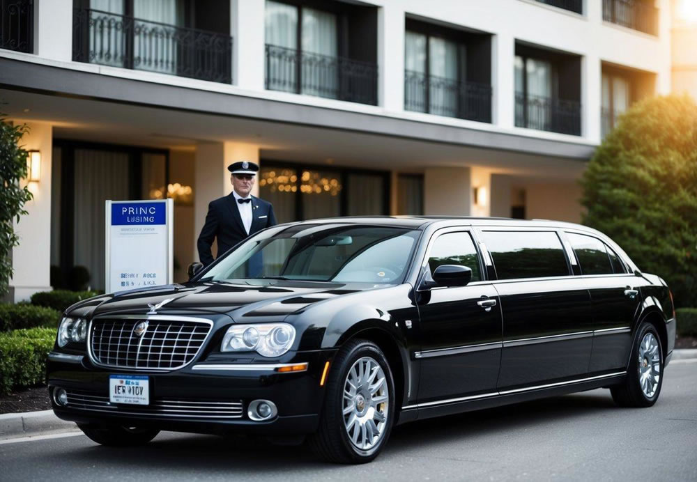 A sleek limousine parked in front of a luxury hotel, with a chauffeur standing by and a sign displaying pricing and insurance information