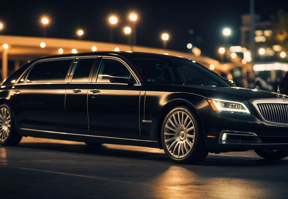 A limo is standing in front of a bridge at night