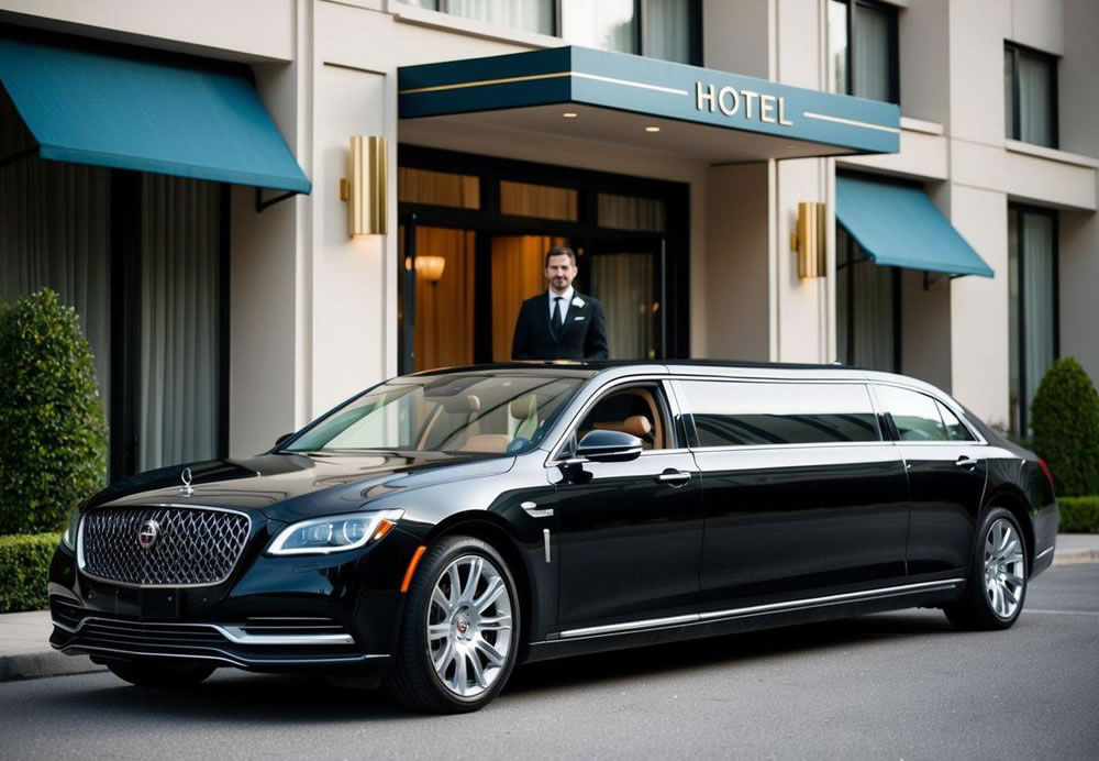 A sleek, black limousine parked in front of a luxurious hotel, with a chauffeur standing by the open door, ready to assist guests